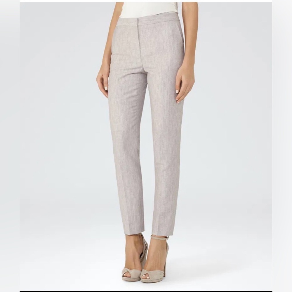 Reiss Virginia Slim Leg Trousers Pants wool linen taupe grey office size 2